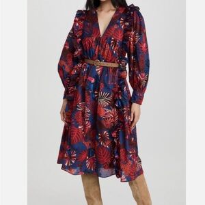 FARM Rio Red and Blue Floral Long Sleeve Dress